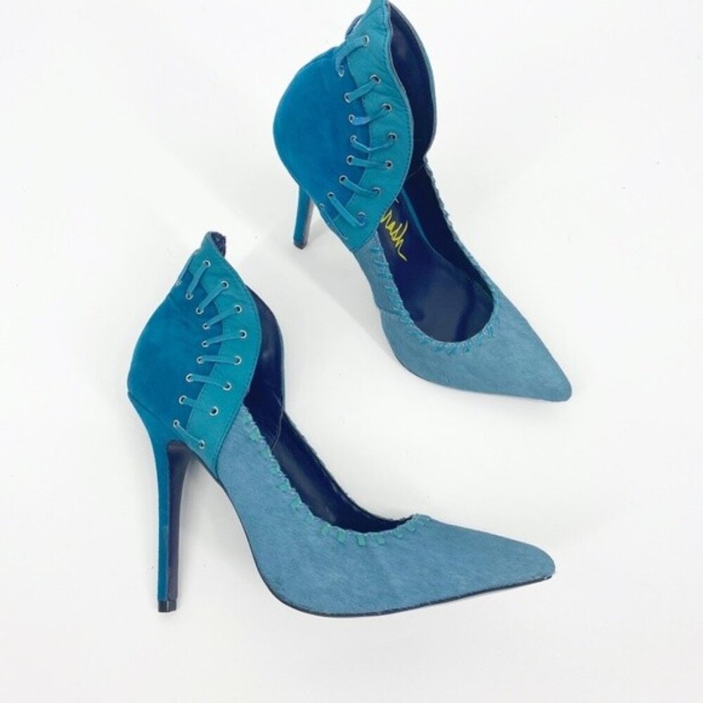 London Trash Dani Women’s Teal REAL Fur Suede Stiletto Heels Pumps NIB